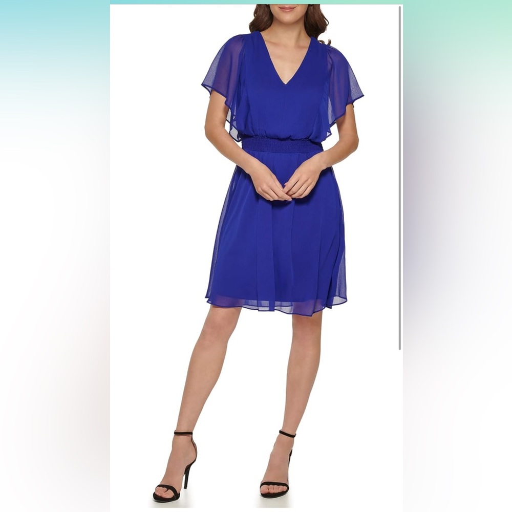 DKNY Women's Smocked Waist V Neck Flutter Sleeve Dress 14 - NWOT